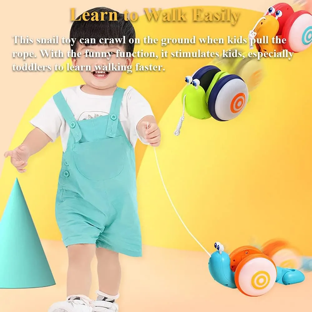 Pull String Crawling Snail, Funny Wriggly Snail Toddlers Walking-Learning Toy Pull and Push Baby Toy with Music and Lights Effect (Yellow-red)