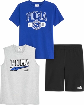 PUMA boys 3 Piece Set, Short Sleeve Cotton Jersey T-shirt and Muscle Tee & Matching Short