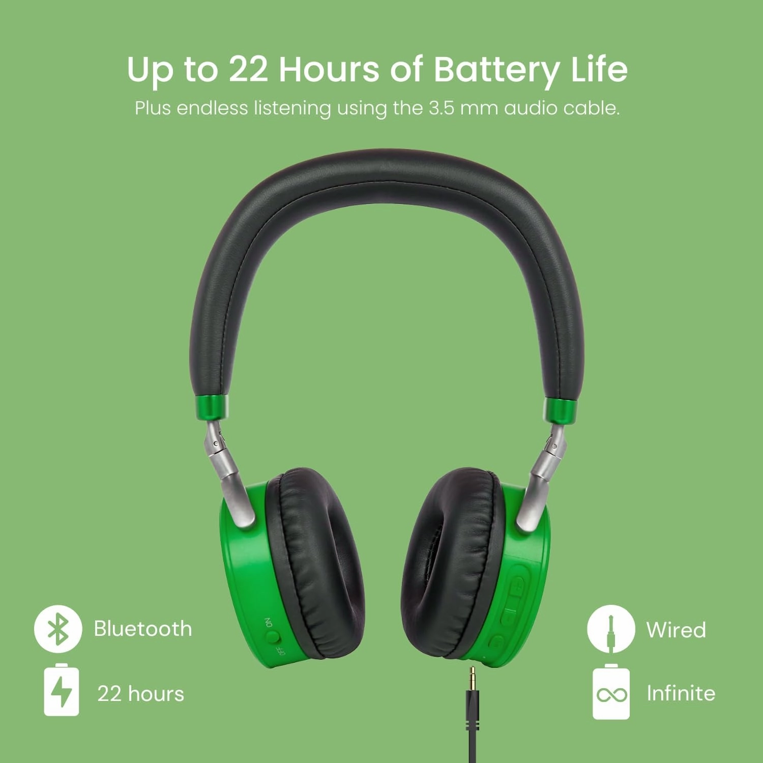 Puro Sound Labs JuniorJam Plus Volume Limiting Headphones for Kids, Safer Audio to Protect Hearing- Adjustable Bluetooth Headphones for Tablets, Smartphones, PCs- 22-Hour Battery Life (Green)