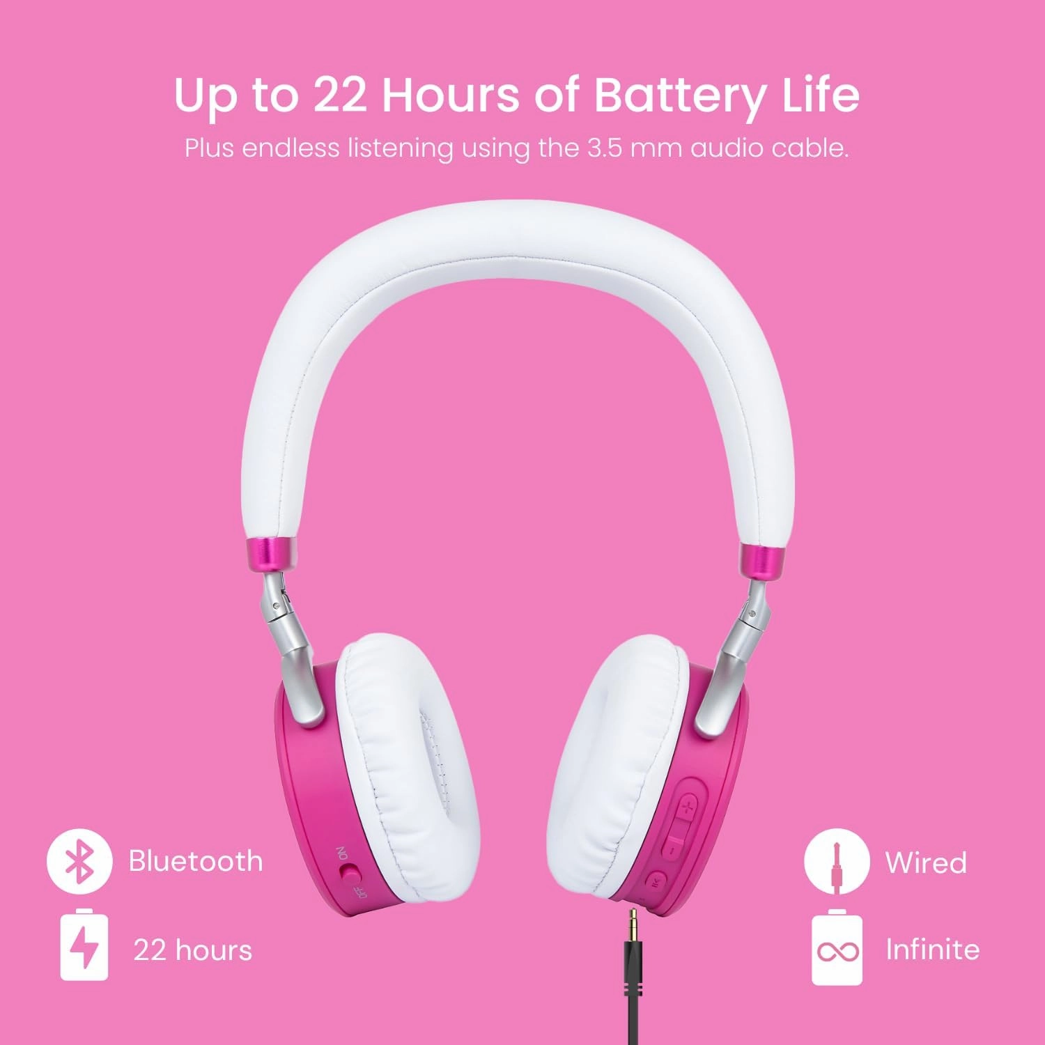 Puro Sound Labs JuniorJam Plus Volume Limiting Headphones for Kids, Safer Audio to Protect Hearing- Adjustable Bluetooth Headphones for Tablets, Smartphones, PCs- 22-Hour Battery Life (Pink)