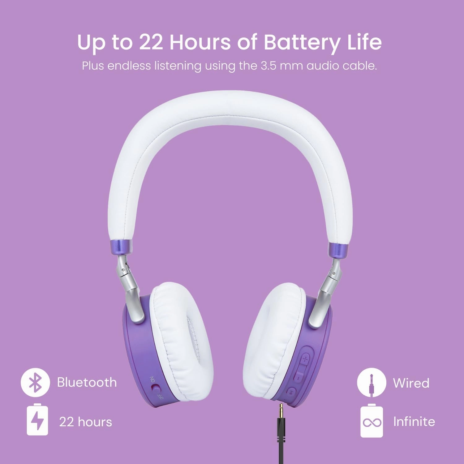 Puro Sound Labs JuniorJam Plus Volume Limiting Headphones for Kids, Safer Audio to Protect Hearing- Adjustable Bluetooth Headphones for Tablets, Smartphones, PCs- 22-Hour Battery Life (Purple)