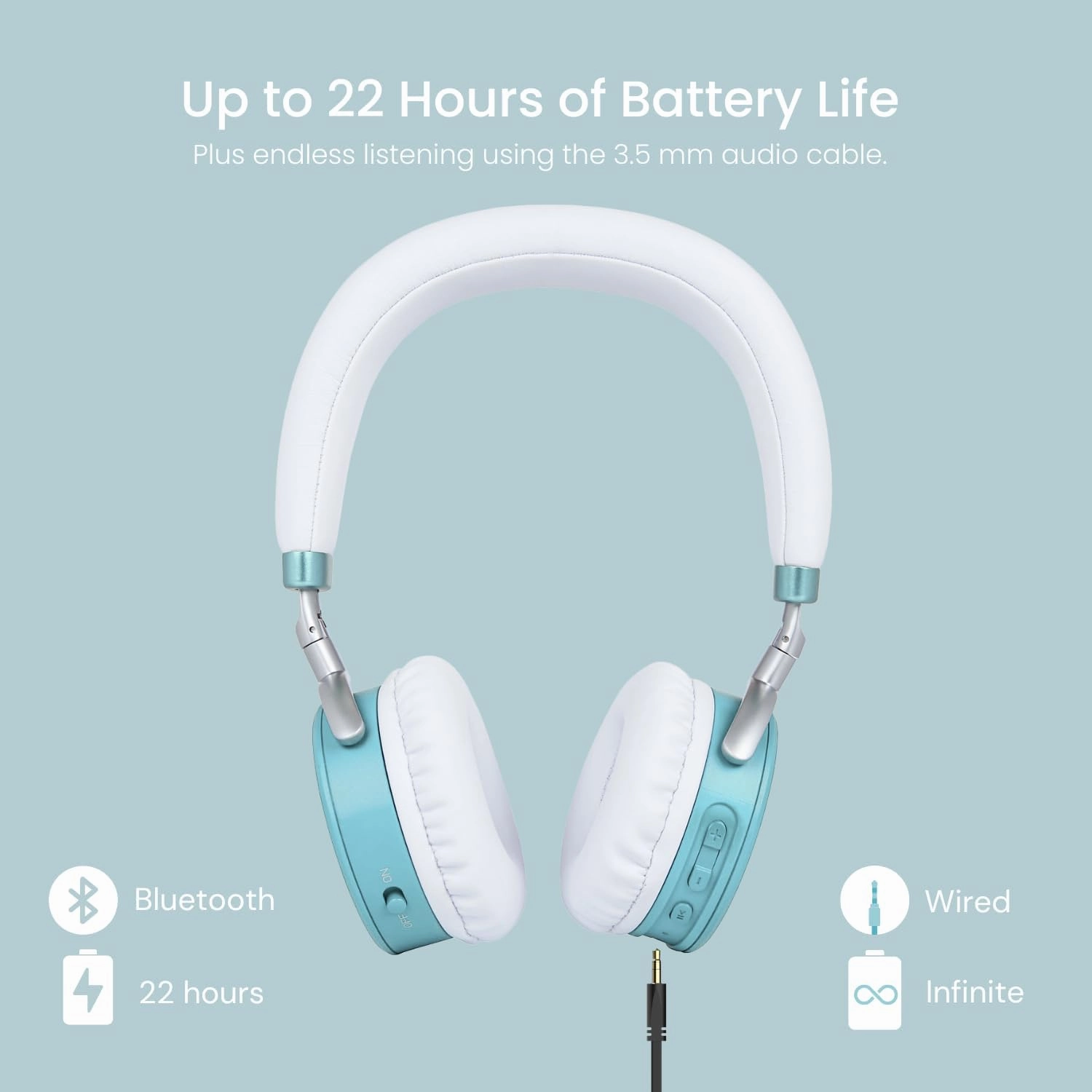 Puro Sound Labs JuniorJam Plus Volume Limiting Headphones for Kids, Safer Audio to Protect Hearing- Adjustable Bluetooth Headphones for Tablets, Smartphones, PCs- 22-Hour Battery Life (Teal)