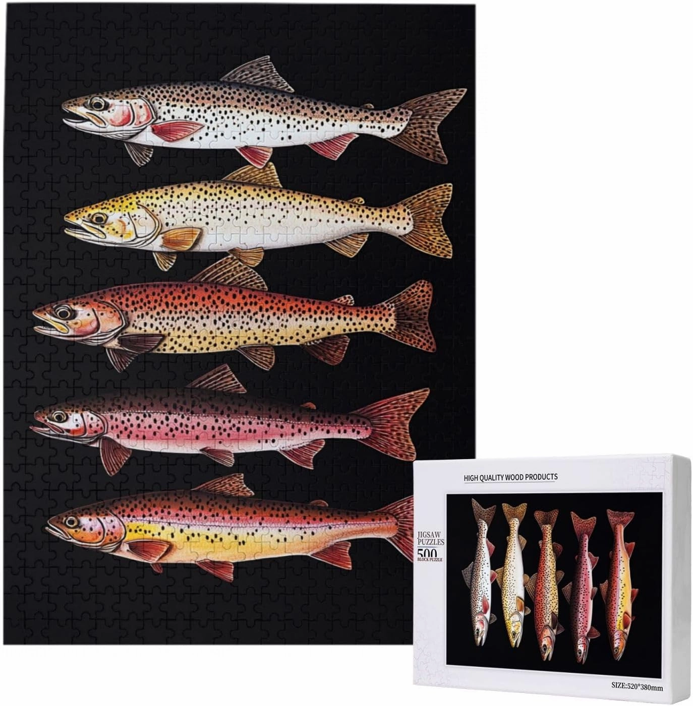 Puzzles for Adults 500 Pieces, Different Varieties of Fish, Retro Style Brainstorming Game, Stress Reliever for Parties, Impossible Brain Challenge for Fishing Enthusiasts