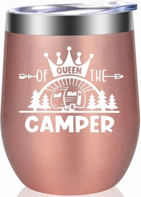 Queen Of The Camper Wine Tumbler, Happy Camper Gifts 12oz Cup, Gifts For Camping lover Outdoors, RV Hiking Camping Coffee Mugs, Camper Lover Couples Glass for Women
