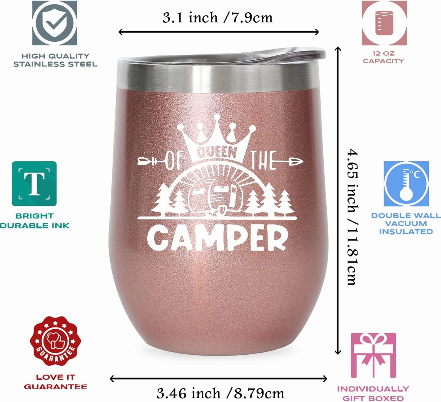 Queen Of The Camper Wine Tumbler, Happy Camper Gifts 12oz Cup, Gifts For Camping lover Outdoors, RV Hiking Camping Coffee Mugs, Camper Lover Couples Glass for Women