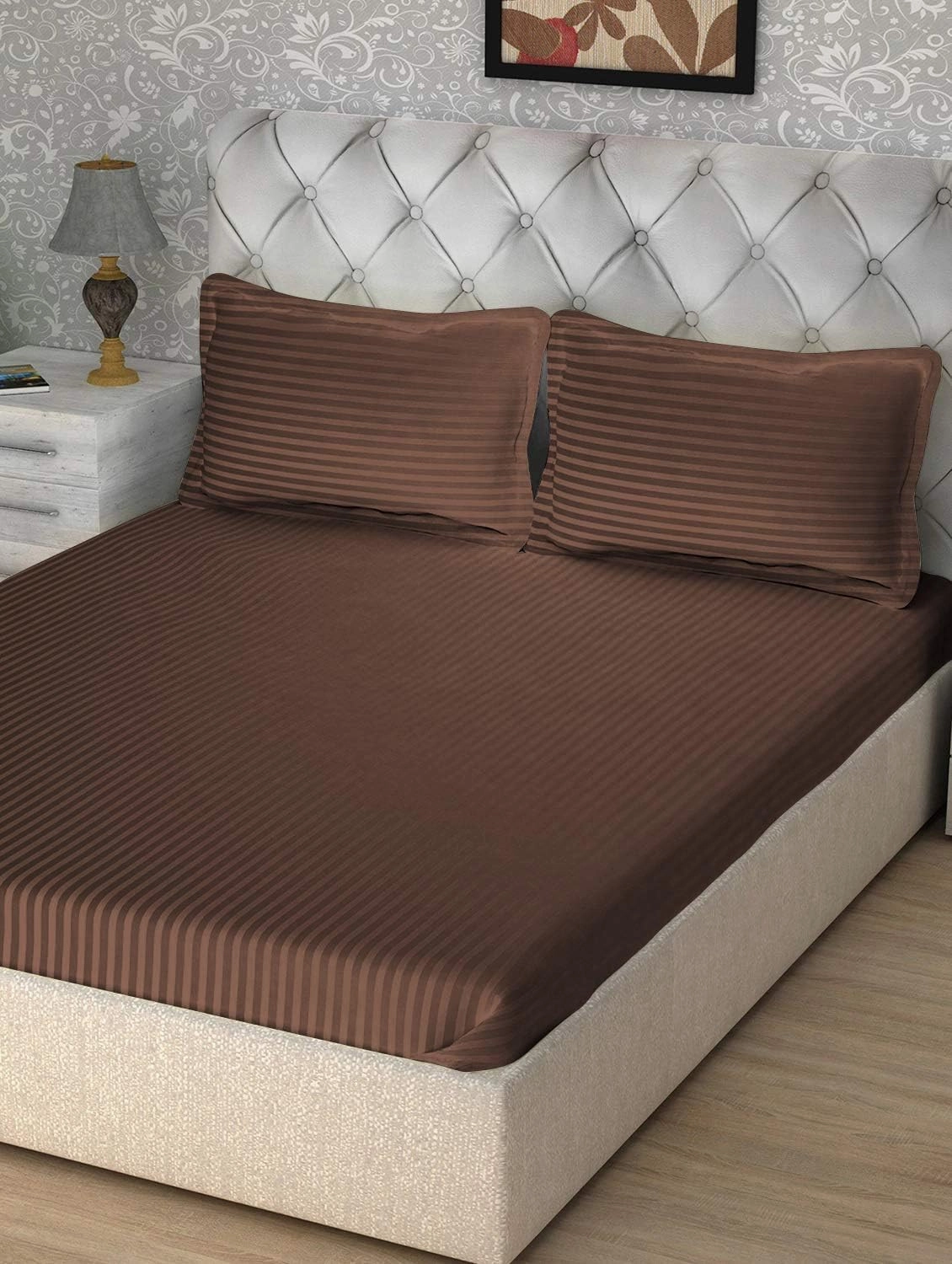 Queen Size Coffee Striped Bed Sheet Set - 800 TC Egyptian Cotton Bedding - Upto 18 Inch Deep Pocket of Cotton Sheets - 6 Piece Premium Sheet Set Cotton