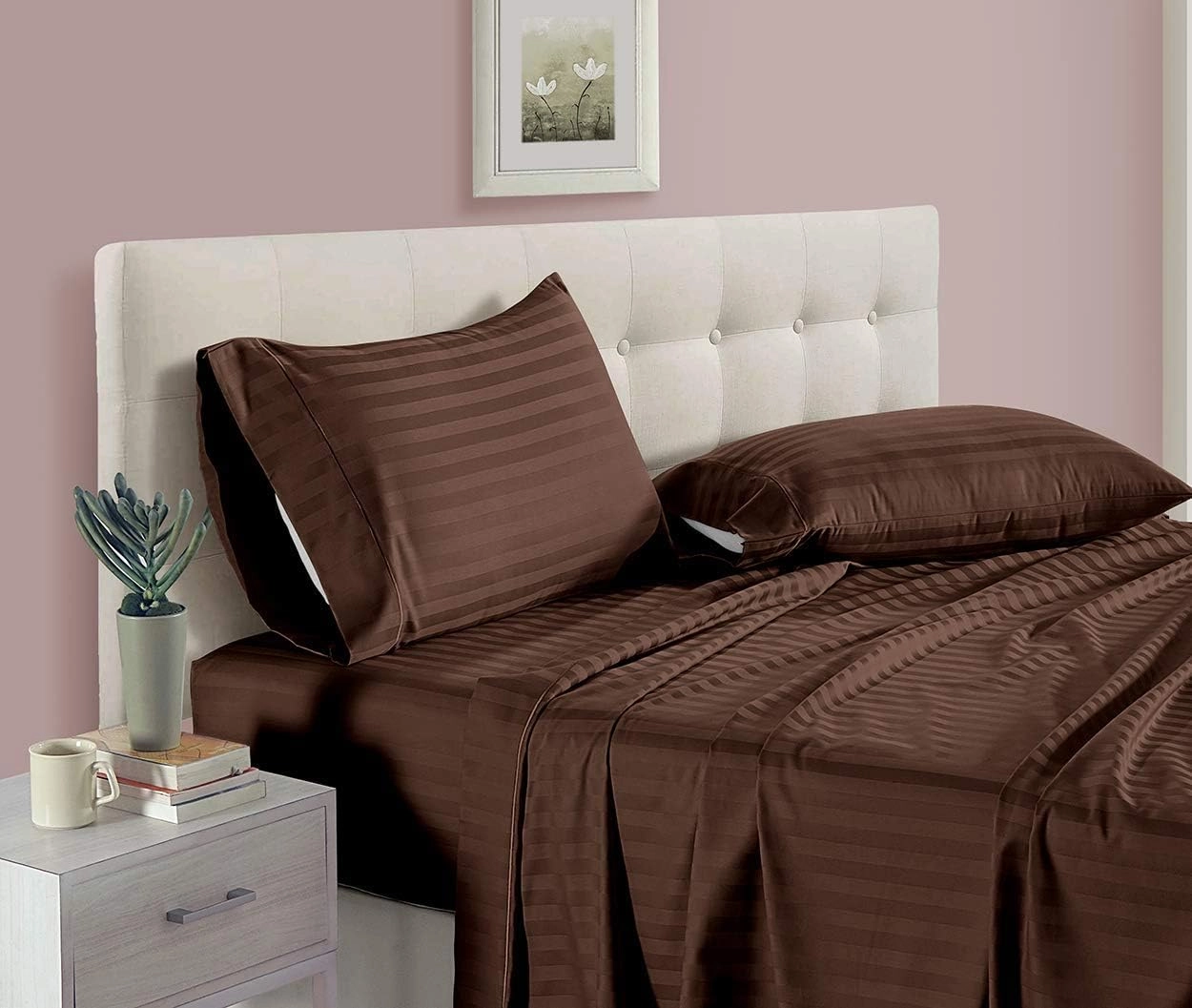 Queen Size Coffee Striped Bed Sheet Set - 800 TC Egyptian Cotton Bedding - Upto 18 Inch Deep Pocket of Cotton Sheets - 6 Piece Premium Sheet Set Cotton