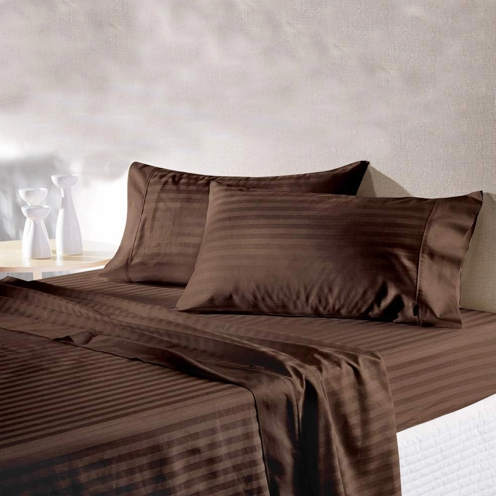 Queen Size Coffee Striped Bed Sheet Set - 800 TC Egyptian Cotton Bedding - Upto 18 Inch Deep Pocket of Cotton Sheets - 6 Piece Premium Sheet Set Cotton