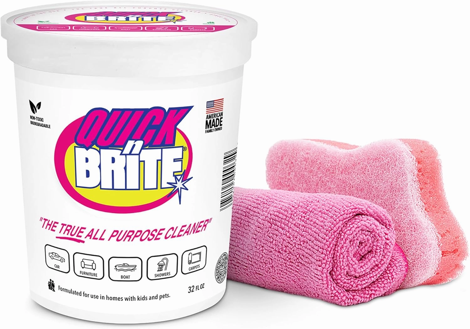 Quick 'n Brite All Purpose Cleaning Paste – Miracle Cleaner for Tough Stains, Biodegradable, Non-Toxic, Pet-Safe, Multi-Surface Stain Remover, Made in USA, 32 Oz Kit