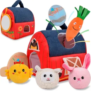 QZUnique Stuffed Farm Animals Toys for Baby - 6 Pcs Montessori Toy for Babies 6-12 Months, Barn Sensory Gifts for Toddlers 1-3, Plush Chicken Sheep Bunny Egg Carrot for Newborn Infant