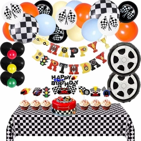Race Car Birthday Decorations for Kids Boys Girls Racing Car Theme Party Balloons Garland With Banner Cake Cupcake Toppers Tablecloth Checkered Flag Party Supplies Backdrop