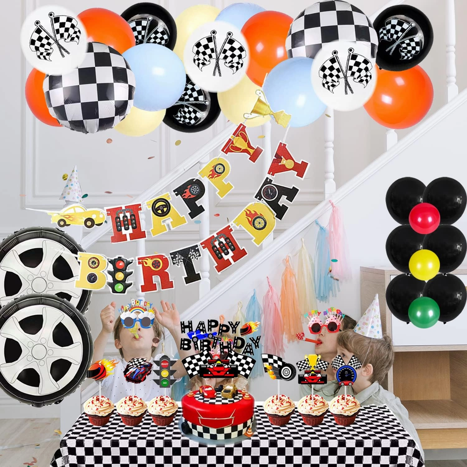 Race Car Birthday Decorations for Kids Boys Girls Racing Car Theme Party Balloons Garland With Banner Cake Cupcake Toppers Tablecloth Checkered Flag Party Supplies Backdrop