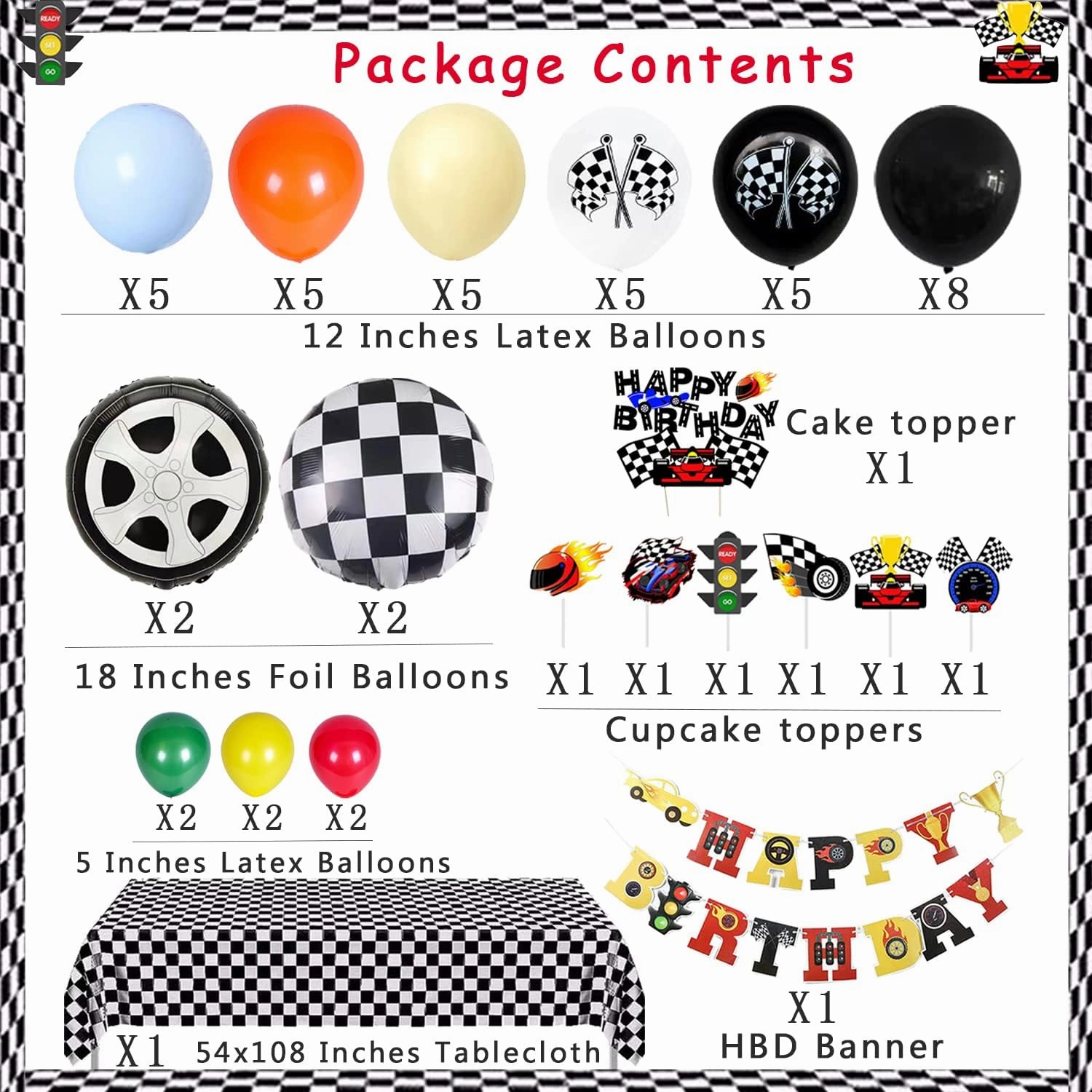 Race Car Birthday Decorations for Kids Boys Girls Racing Car Theme Party Balloons Garland With Banner Cake Cupcake Toppers Tablecloth Checkered Flag Party Supplies Backdrop
