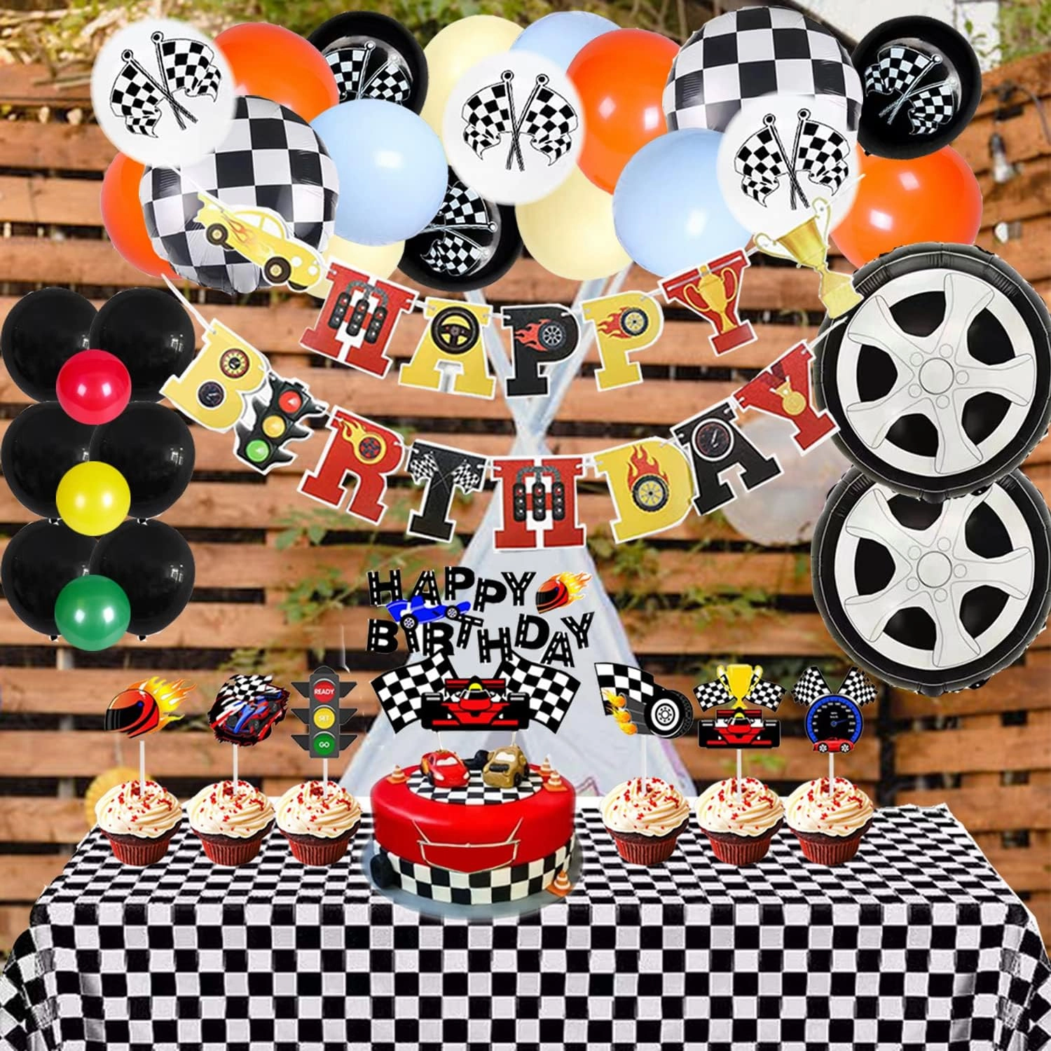 Race Car Birthday Decorations for Kids Boys Girls Racing Car Theme Party Balloons Garland With Banner Cake Cupcake Toppers Tablecloth Checkered Flag Party Supplies Backdrop