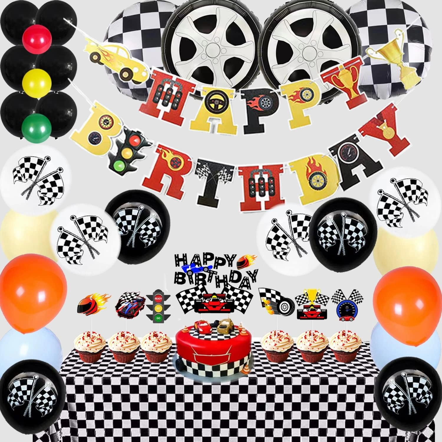 Race Car Birthday Decorations for Kids Boys Girls Racing Car Theme Party Balloons Garland With Banner Cake Cupcake Toppers Tablecloth Checkered Flag Party Supplies Backdrop