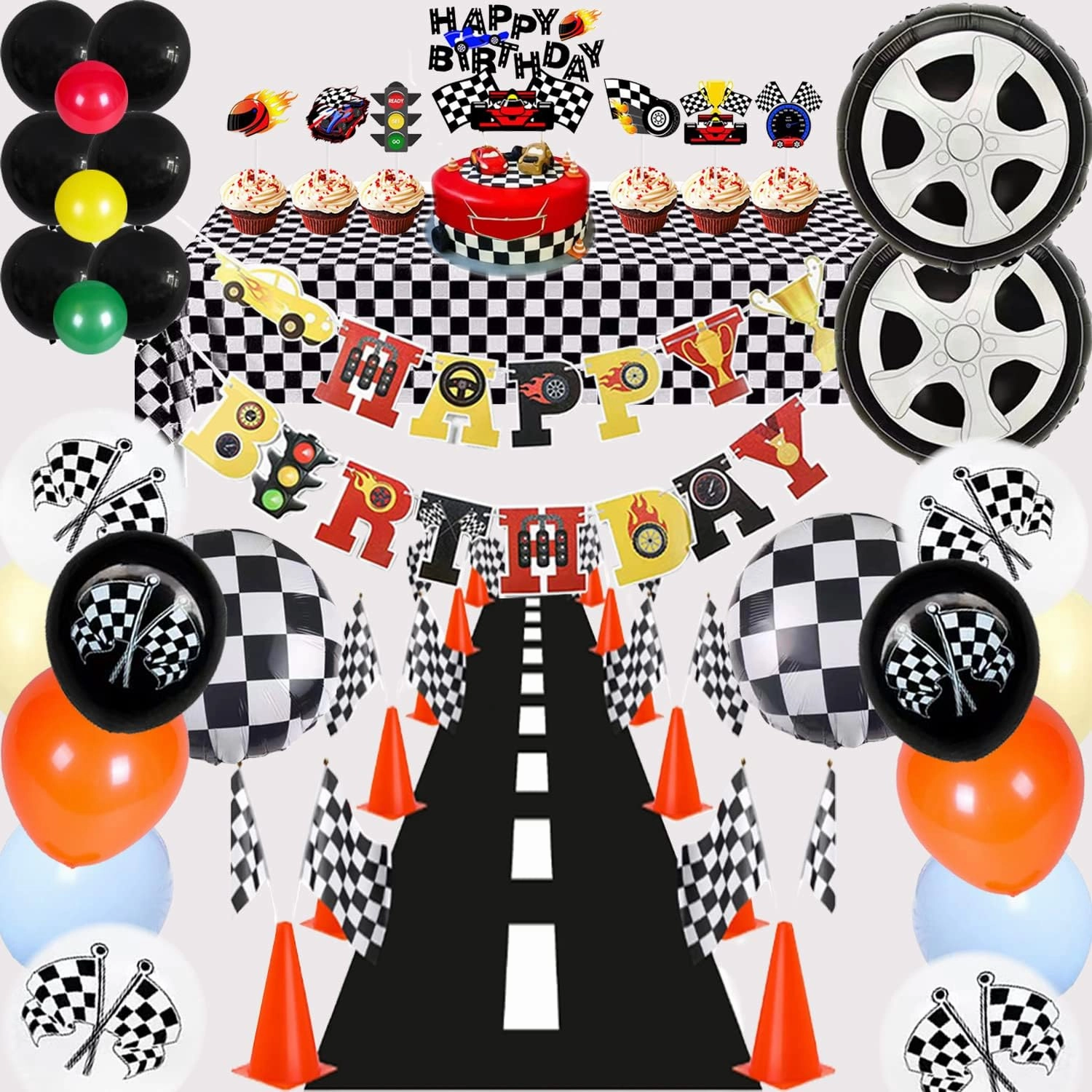 Race Car Birthday Decorations for Kids Boys Girls Racing Car Theme Party Balloons Garland With Banner Cake Cupcake Toppers Tablecloth Checkered Flag Party Supplies Backdrop
