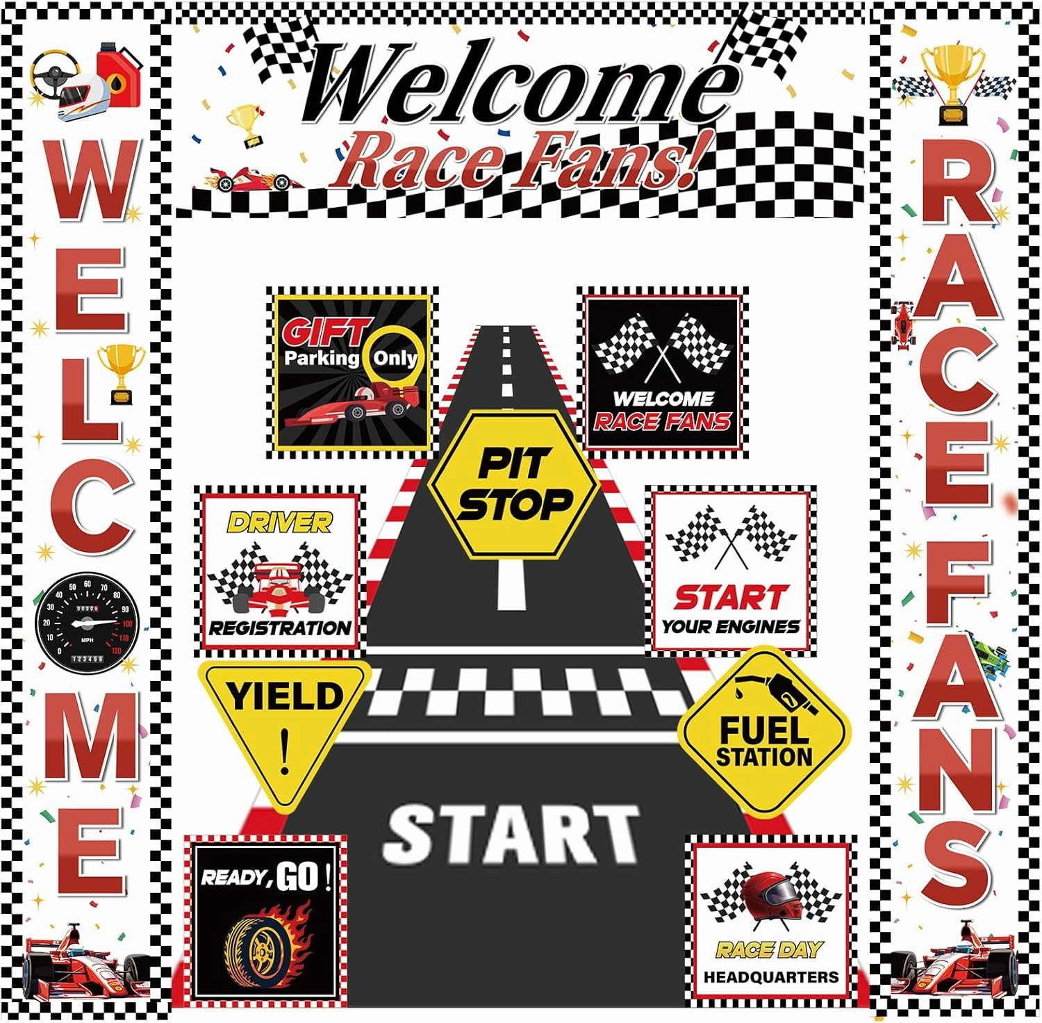 Race Car Birthday Party Decorations, Welcome Race Fans Banner Porch Sign 9 Racing Party Signs Racetrack Floor Runner for Birthday Supplies Baby Shower Lets Go Racing Car Party Decoration