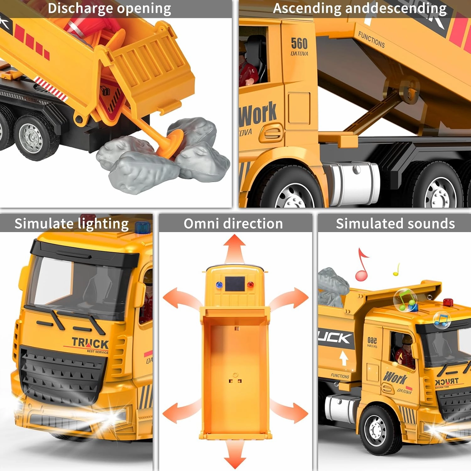 Race Remote Control Dump Truck - RC Construction Vehicles with LED Lights and Simulation Sound Rechargable Hydraulic Car for 6 7 8 9 Year Old Boys, Educational Toys Birthday Gifts for Kids