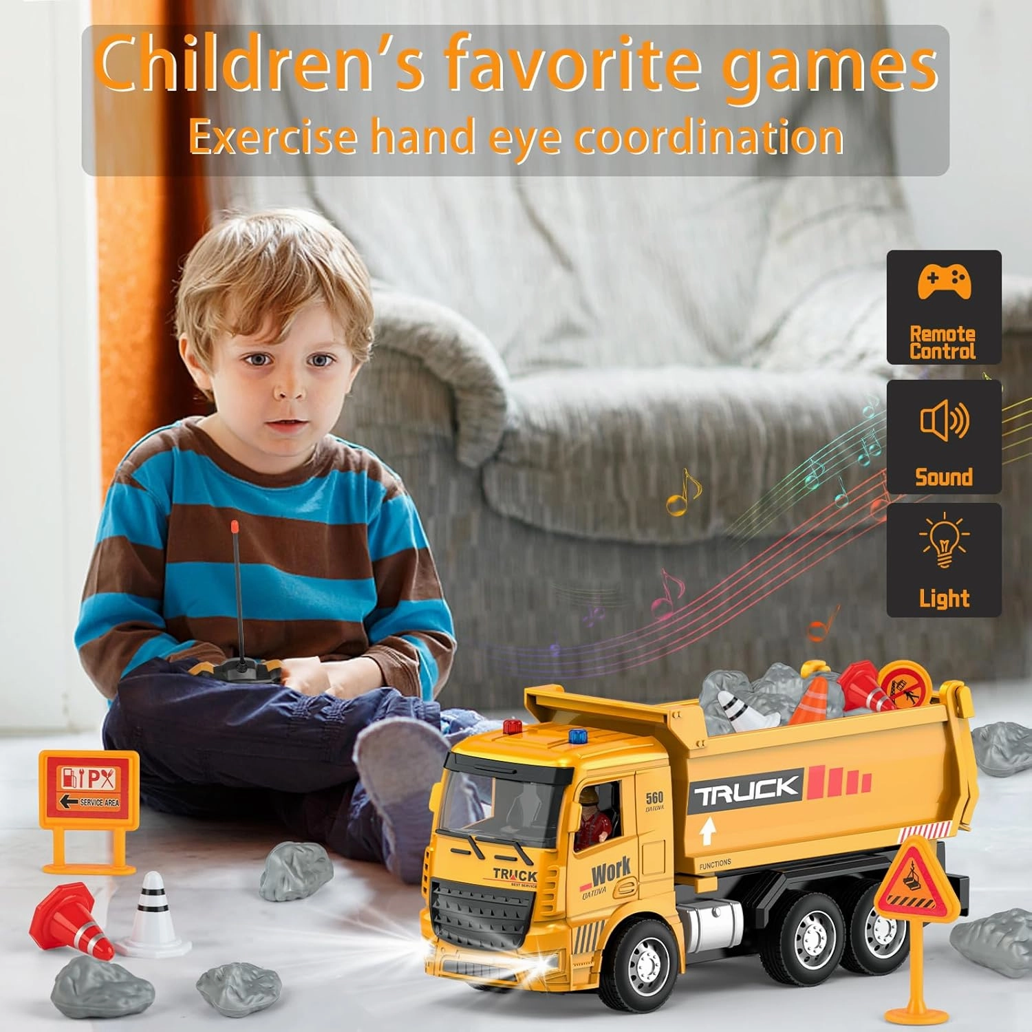 Race Remote Control Dump Truck - RC Construction Vehicles with LED Lights and Simulation Sound Rechargable Hydraulic Car for 6 7 8 9 Year Old Boys, Educational Toys Birthday Gifts for Kids