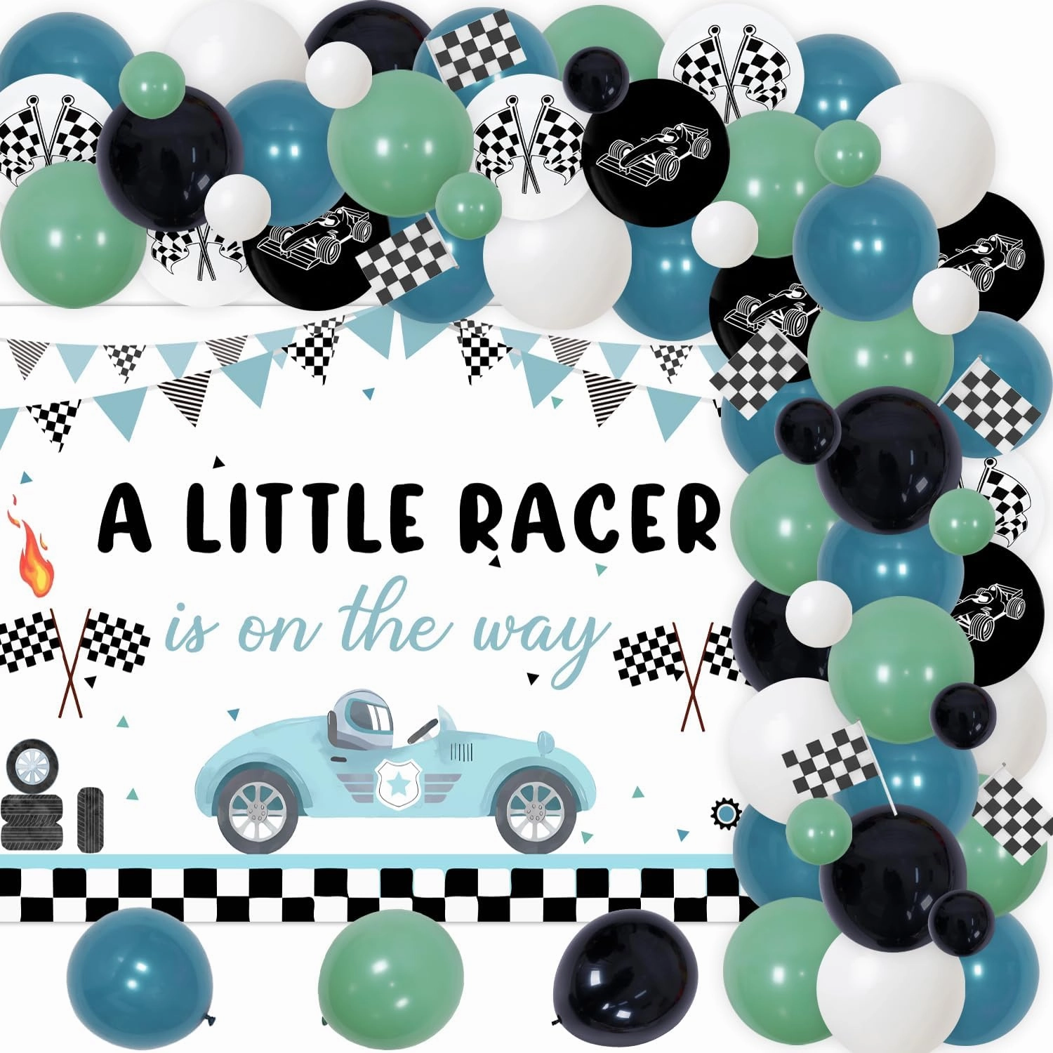 Racing Car Themed Baby Shower Party Decorations, A Little Racer is on the Way Backdrop and Black Green Balloon Garland Kit for Boys Girls Retro Race Car Baby Shower Party Supplies