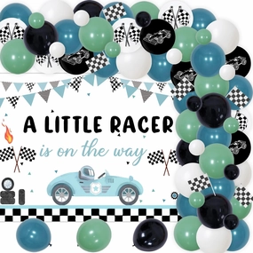 Racing Car Themed Baby Shower Party Decorations, A Little Racer is on the Way Backdrop and Black Green Balloon Garland Kit for Boys Girls Retro Race Car Baby Shower Party Supplies
