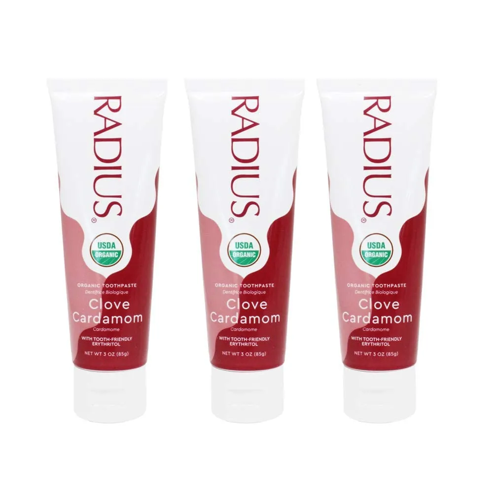 RADIUS Toothpaste, Clove Cardamom, 3 oz, USDA Organic Non-Toxic Chemical-Free Gluten-Free, Designed to Improve Gum Health & Prevent Cavities, Pack of 3
