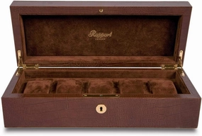 Rapport, Brompton Luxury 5 Watch Collector Case - Hand Crafted in Solid Wood and Brown Leather Crocodile Pattern