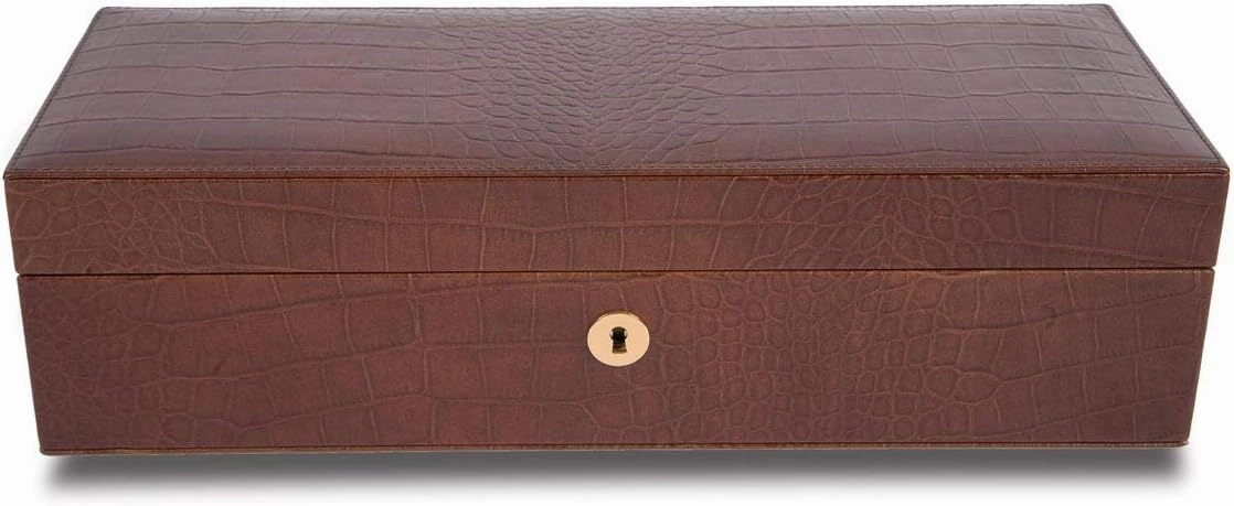 Rapport, Brompton Luxury 5 Watch Collector Case - Hand Crafted in Solid Wood and Brown Leather Crocodile Pattern