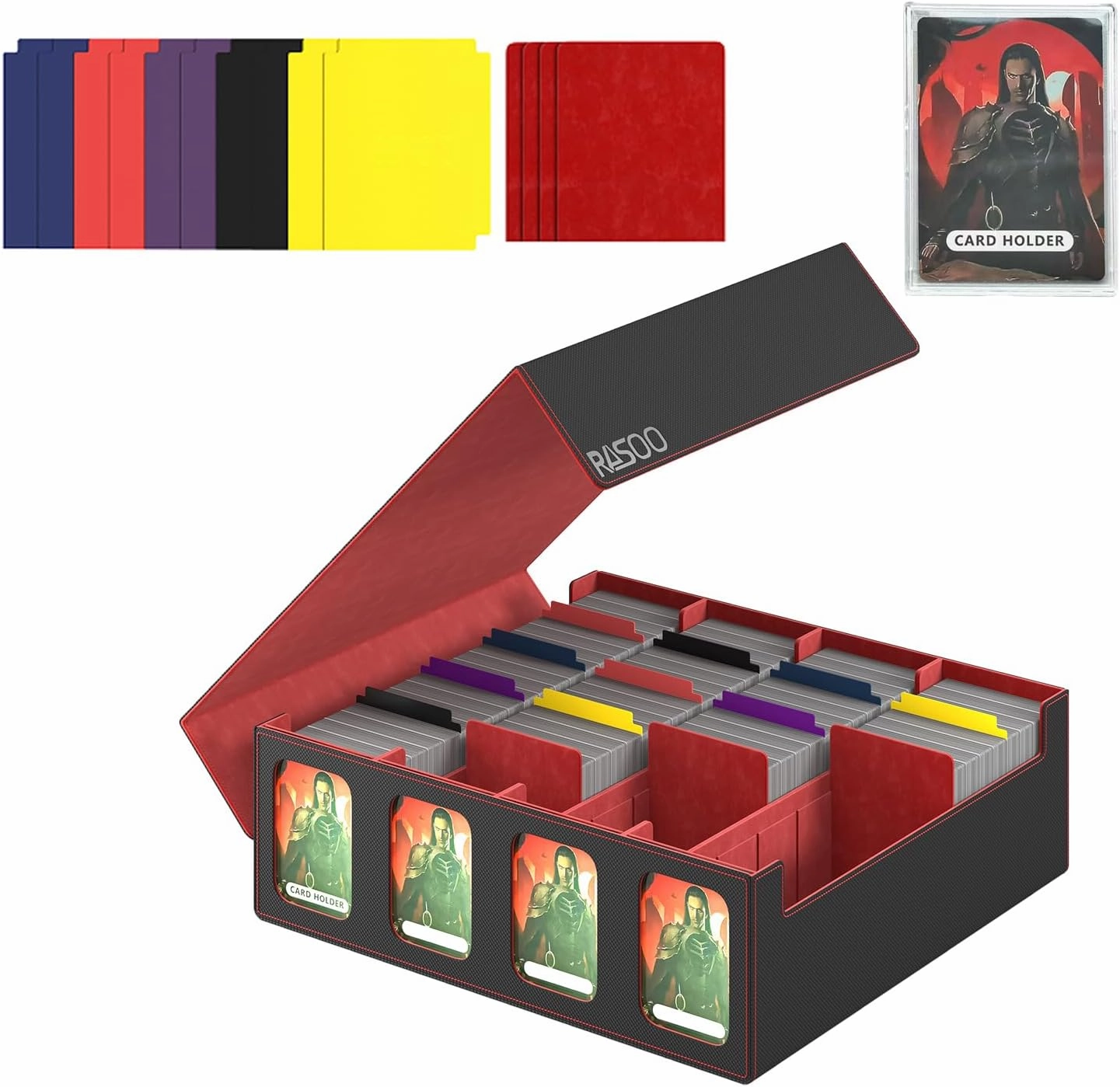 RASOO Card Deck Case for Trading Cards 3200 , 4 Rows Trading Card Storage Box with 10 Colorful Dividers and 4 Foam Stoppers, Premium Deck Box Fit for MTG, TCG (4 Black Red Deck Box)