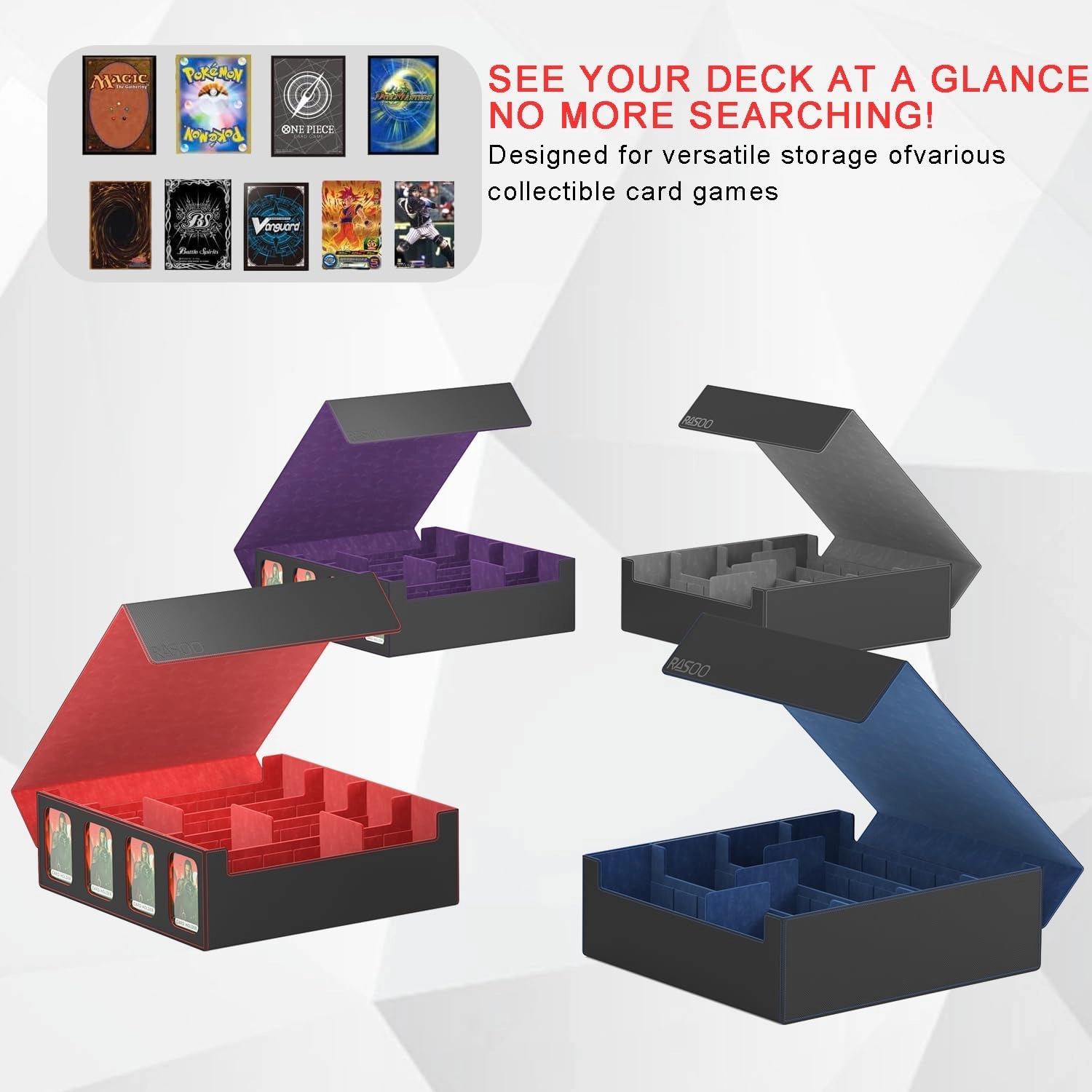 RASOO Card Deck Case for Trading Cards 3200 , 4 Rows Trading Card Storage Box with 10 Colorful Dividers and 4 Foam Stoppers, Premium Deck Box Fit for MTG, TCG (4 Black Red Deck Box)