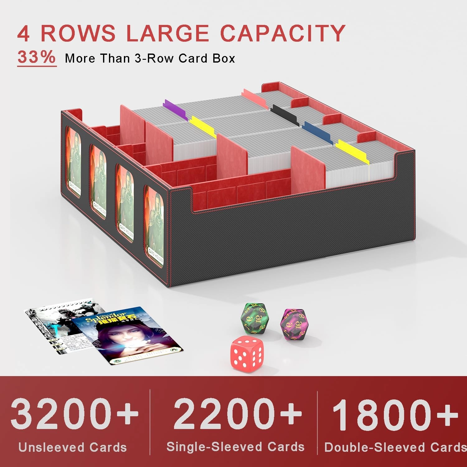 RASOO Card Deck Case for Trading Cards 3200 , 4 Rows Trading Card Storage Box with 10 Colorful Dividers and 4 Foam Stoppers, Premium Deck Box Fit for MTG, TCG (4 Black Red Deck Box)
