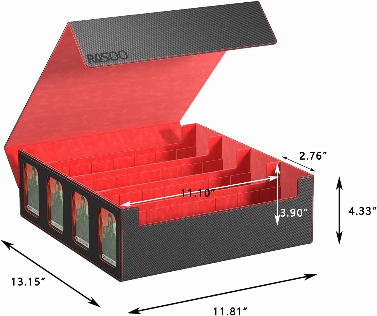 RASOO Card Deck Case for Trading Cards 3200 , 4 Rows Trading Card Storage Box with 10 Colorful Dividers and 4 Foam Stoppers, Premium Deck Box Fit for MTG, TCG (4 Black Red Deck Box)