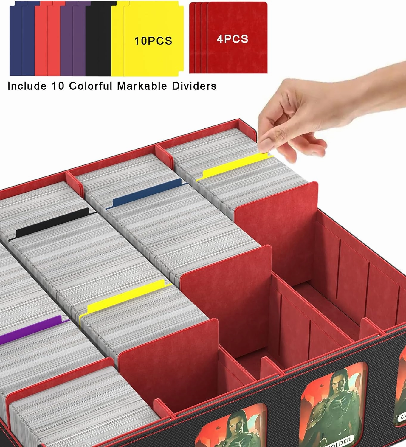 RASOO Card Deck Case for Trading Cards 3200 , 4 Rows Trading Card Storage Box with 10 Colorful Dividers and 4 Foam Stoppers, Premium Deck Box Fit for MTG, TCG (4 Black Red Deck Box)