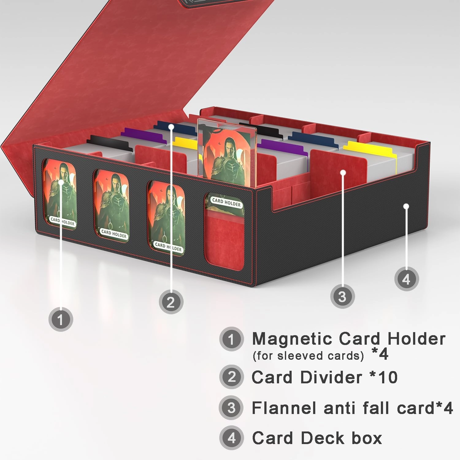 RASOO Card Deck Case for Trading Cards 3200 , 4 Rows Trading Card Storage Box with 10 Colorful Dividers and 4 Foam Stoppers, Premium Deck Box Fit for MTG, TCG (4 Black Red Deck Box)