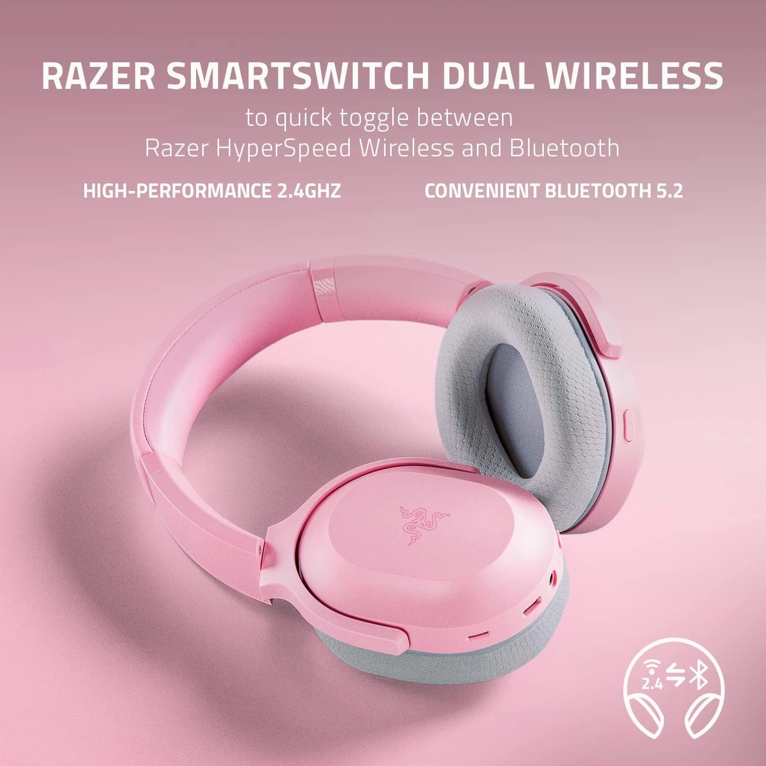 Razer Barracuda Wireless Gaming & Mobile Headset (PC, PlayStation, Switch, Android, iOS): 2.4GHz Wireless   Bluetooth - Integrated Noise-Cancelling Mic - 50mm Drivers - 40 Hr Battery - Quartz Pink
