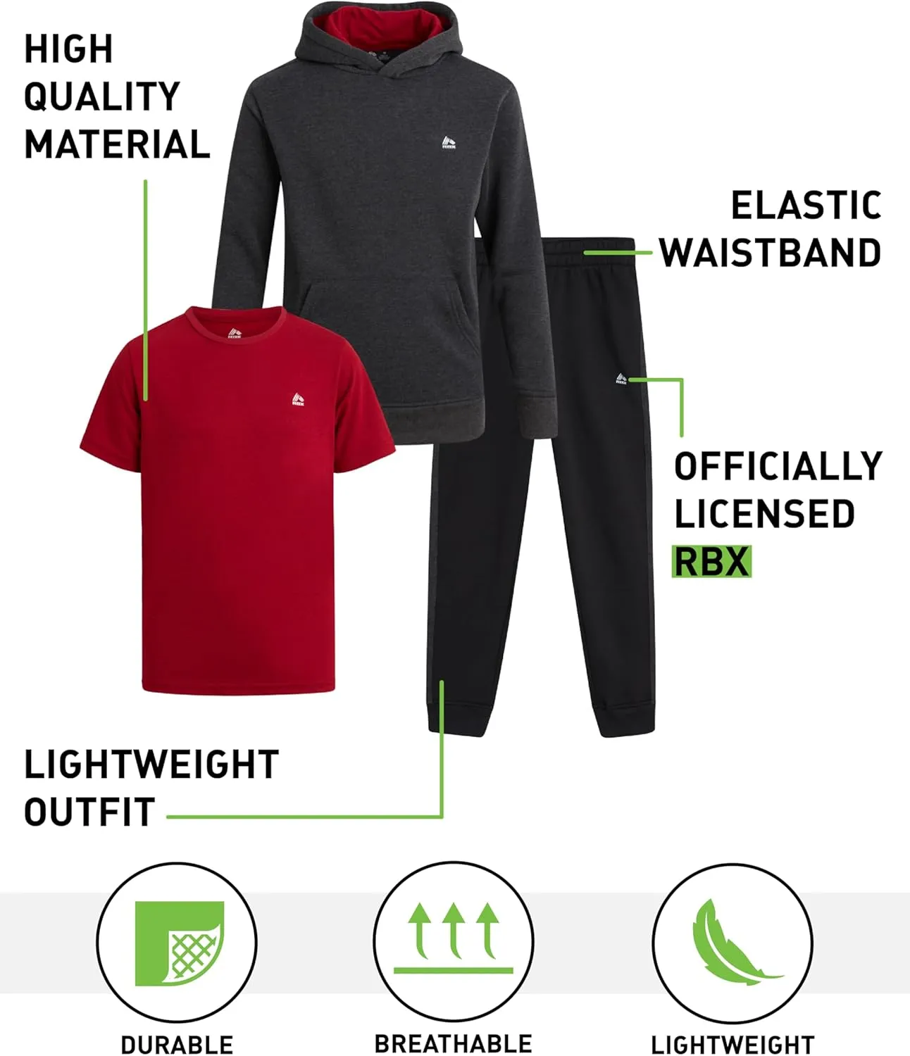 RBX Boys Active Jogger Set - 3 Piece Performance Fleece Sweatshirt, Jogger Sweatpants, T-Shirt - Activewear for Boys (2T-12)