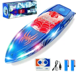 RC Boat with Waterproof Remote Control, Cool LED Light for Kids and Adults, 2.4GHz High-Speed Remote Control Speed Boat with 2 Rechargeable Batteries, Mini RC Boats for Pools and Lakes (Blue)
