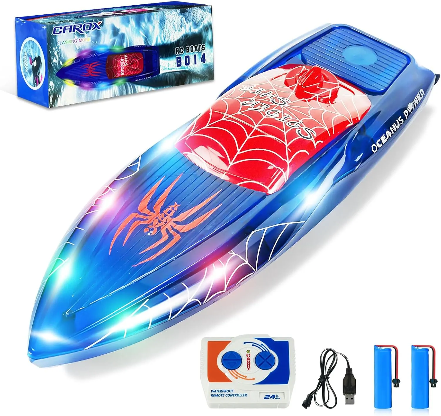 RC Boat with Waterproof Remote Control, Cool LED Light for Kids and Adults, 2.4GHz High-Speed Remote Control Speed Boat with 2 Rechargeable Batteries, Mini RC Boats for Pools and Lakes (Blue)
