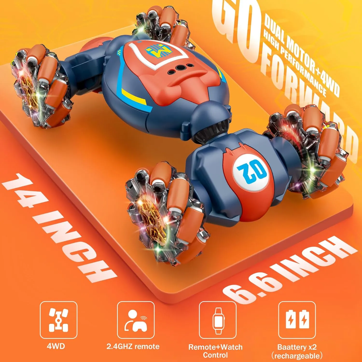 Rc Car Boys Toys 6-8 Years Old,Cool Birthday Gifts for Boys Ages 8-13 4WD Gesture Sensing Rc Stunt Car for Ages 5 7 9 10 Years Old Kids with Light and Music,Large-Orange