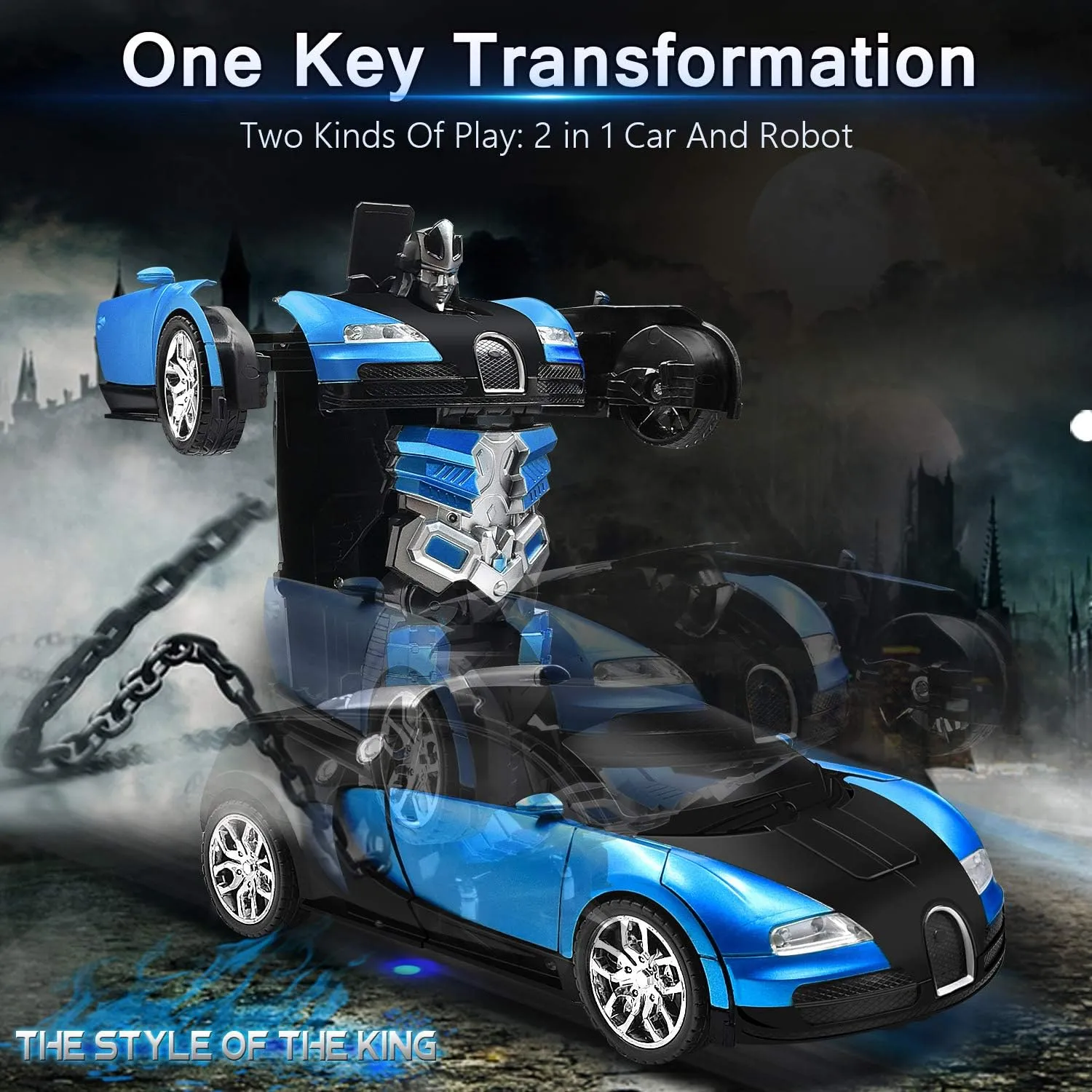 RC Car Robot Transform Model Toy,1:18 Blue Remote Control Deformed Vehicle,Racing Automobile Deformation with Realistic Engine Sounds&One-Button Transformation&360°Speed Drifting for Boys Girls