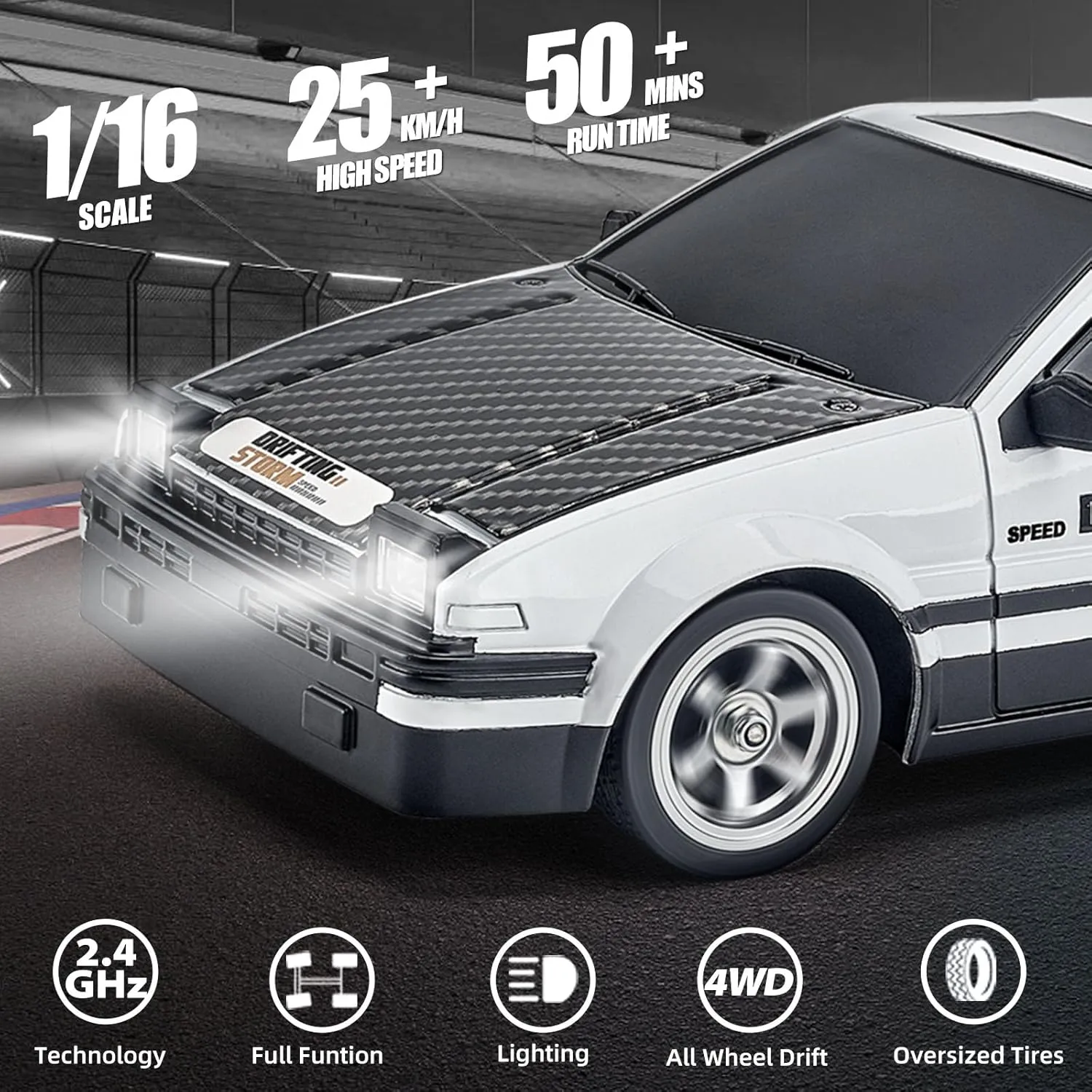 RC Drift Car 1/16 2.4GHz 4WD RTR Drift Car High Speed Remote Control Cars with LED Lights, Two Batteries and Drifting Tires Racing Toy Cars for Boys Kids Girls Adults, White