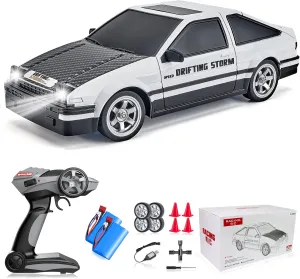 RC Drift Car 1/16 2.4GHz 4WD RTR Drift Car High Speed Remote Control Cars with LED Lights, Two Batteries and Drifting Tires Racing Toy Cars for Boys Kids Girls Adults, White