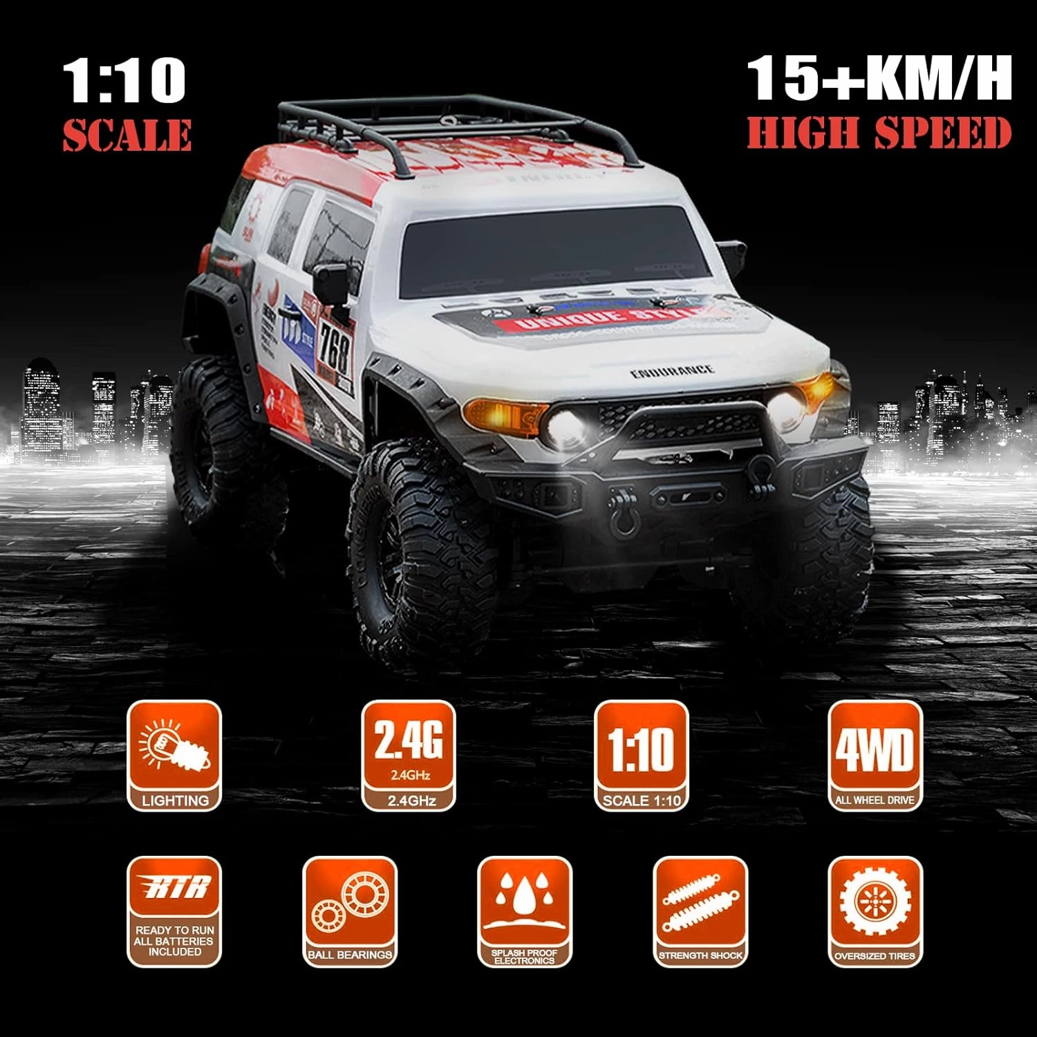 RC Cars RC Crawler 1/10 Scale RTR Remote Control Car 4WD 2.4GHz Brushed Offroad Racing Hobby Grade Model Vehicle with LED Lights 2Pcs Battery Toy for Kids and Adults