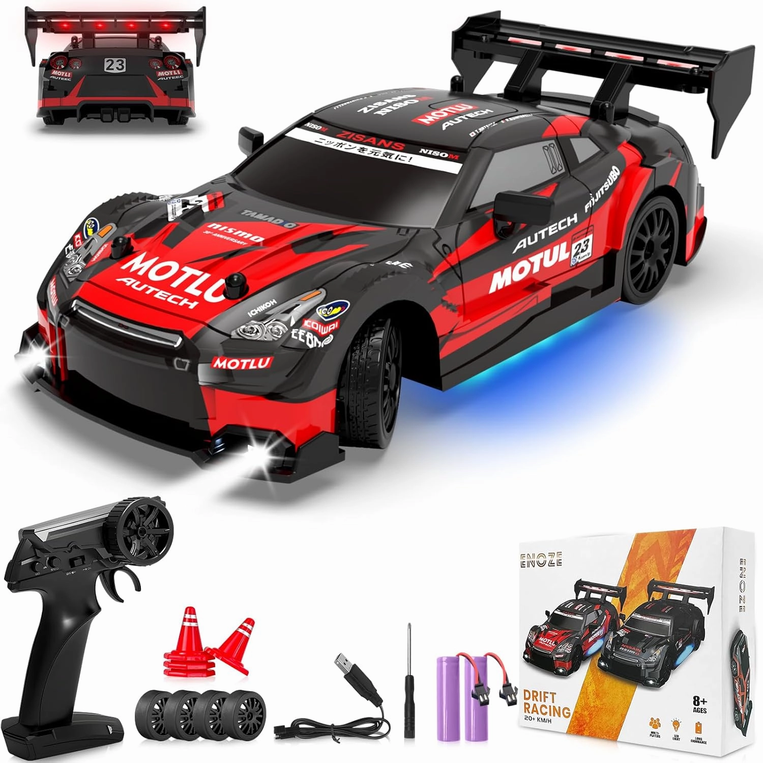 RC Drift Car 1:24 Scale 2.4GHz 4WD 15km/h High Speed Remote Control Cars RTR Racing Vehicle with LED Lights 2 Rechargeable Batteries and Drifting Tires Racing Sport Toy Car for Adults Kids Boys Girls