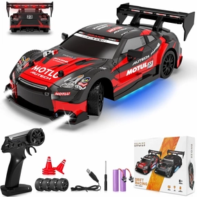 RC Drift Car 1:24 Scale 2.4GHz 4WD 15km/h High Speed Remote Control Cars RTR Racing Vehicle with LED Lights 2 Rechargeable Batteries and Drifting Tires Racing Sport Toy Car for Adults Kids Boys Girls