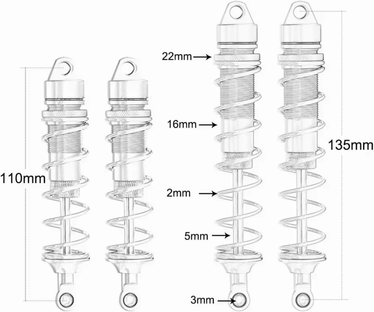 Rc Shock Absorber For Arrma 6S 1/7 For Kraton For Notorious For Outcast 1/8 4pcs 110mm 135mm Metal Oil Shock Absorber Damper RC Car Upgrade Parts Replacement Use(Blue)