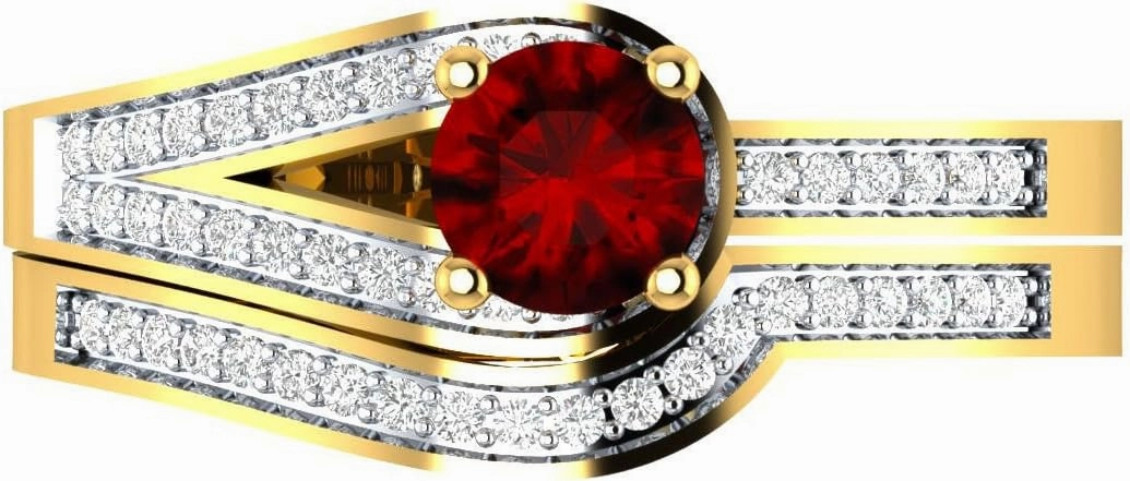 RD Cut Ruby & Dia 14K Yellow Gold Plated Beautiful Classic Engagement Bridal Ring Set For Women's