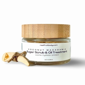 Real Fruit Body® Coconut Macadamia Sugar Scrub and Oil Treatment - 100% Pure and Natural, Leaping Bunny® Certified Cruelty Free, Vegan, Organic - 3.38 Ounce | 100 ml
