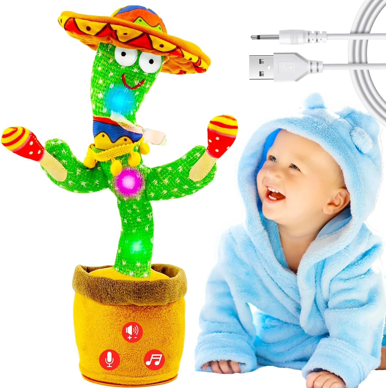 Rechargeable Dancing Talking Cactus Toy w/Volume Adjustable, Cactus Baby Toy Repeat What You Say, Baby Toys for Boys Girls, Singing Mimicking Cactus Toy (Rechargeable Drumming Cactus)