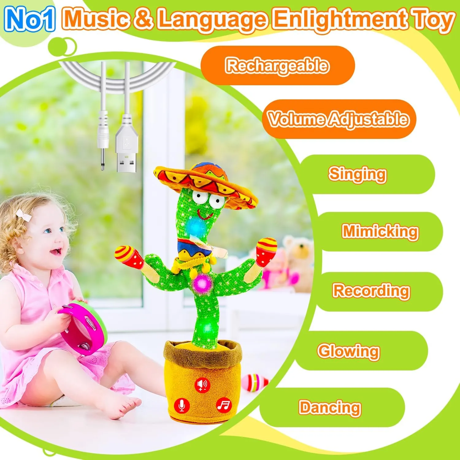 Rechargeable Dancing Talking Cactus Toy w/Volume Adjustable, Cactus Baby Toy Repeat What You Say, Baby Toys for Boys Girls, Singing Mimicking Cactus Toy (Rechargeable Drumming Cactus)